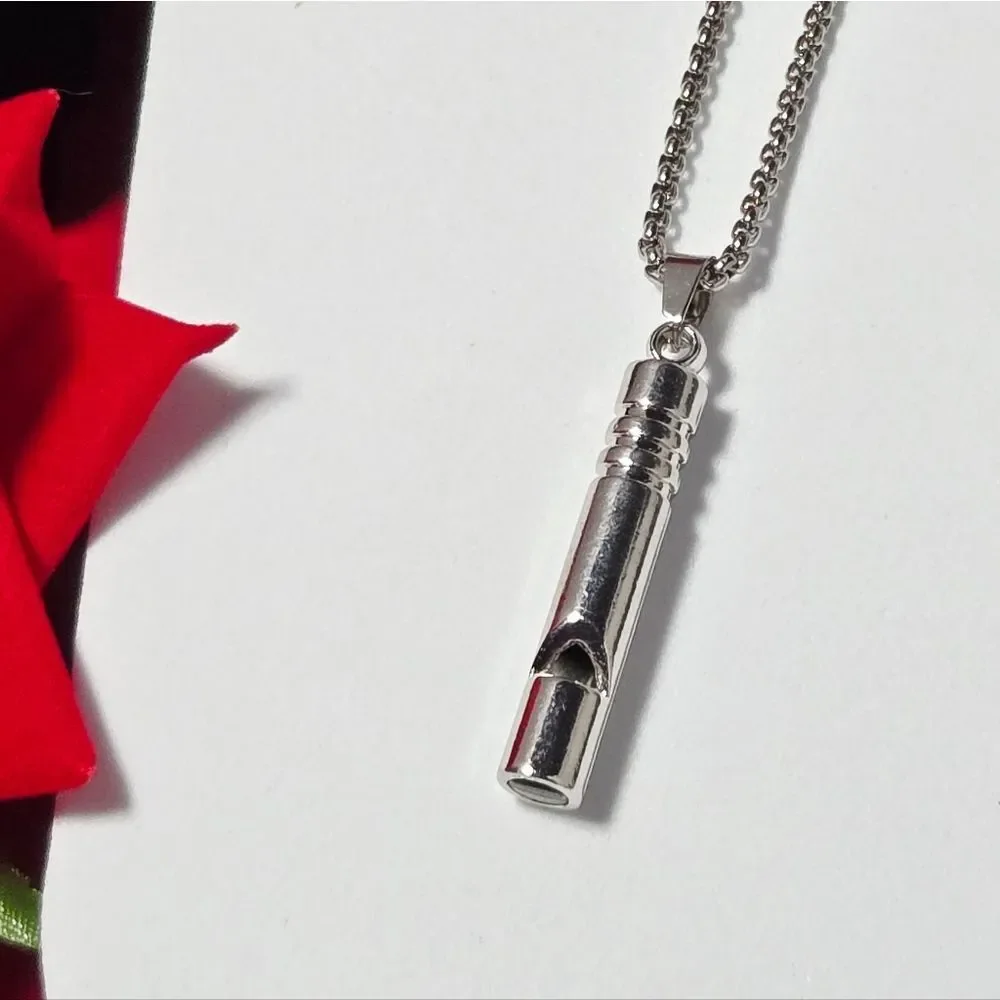 Silver Stainless Steel Whistle Pendant Necklace | Minimalist Cylinder Jewelry